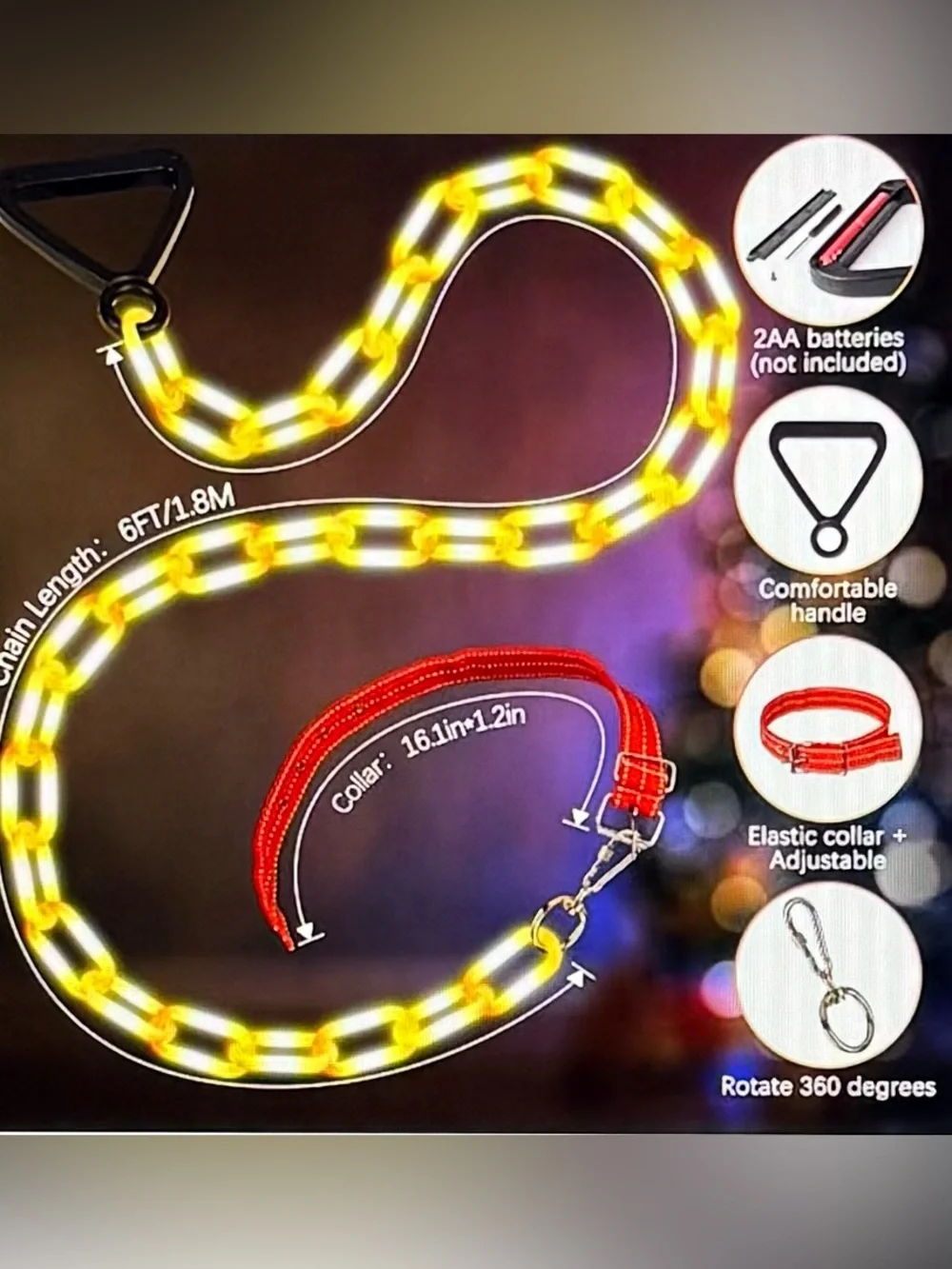6 Ft Light-Up 60 LED Dog Leash with Red Collar Compatible